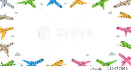 Jet airplane in horizontal banner. Air transport. Passenger airplanes. Vector illustration. 110477848