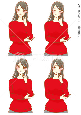 人差し指を頬にあてて考える女性 4種（黒髪） 110478132