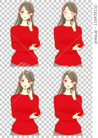 人差し指を頬にあてて考える女性 4種（黒髪） 110478132