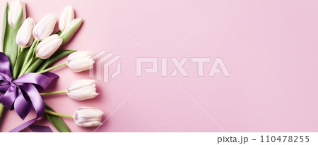 AI-generated content. Beautiful pink and white tulips with satin ribbon, pink background. Postcard template Women's Day, March 8, Nurse's Day 110478255
