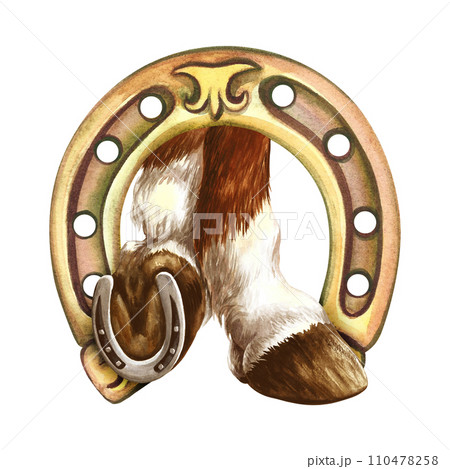 Horse hooves with a golden horseshoe. Symbol of good luck. Hand drawn watercolor illustration. For printing, stickers and labels. For cards, prints and packaging. For banners and posters. 110478258