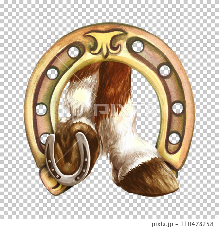 Horse hooves with a golden horseshoe. Symbol of good luck. Hand drawn watercolor illustration. For printing, stickers and labels. For cards, prints and packaging. For banners and posters. Horse hooves with a golden horseshoe. Symbol of good luck. Hand drawn watercolor illustration. For printing, stickers and labels. For cards, prints and packaging. For banners and posters. 110478258
