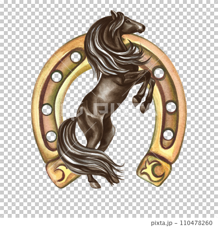 The horse rears up against the background of a horseshoe. A hand-drawn watercolor. isolate it. For printing, stickers and labels. For postcards, business cards and packaging. For banners, posters. The horse rears up against the background of a horseshoe. A hand-drawn watercolor. isolate it. For printing, stickers and labels. For postcards, business cards and packaging. For banners, posters. 110478260