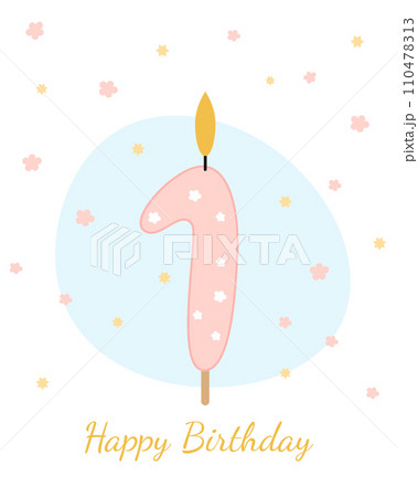 Sweet, Happy Birthday card. Vector illustration of a candle for a cake in the form of the number 1. 110478313