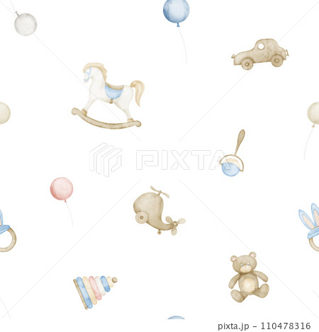 Baby Toys watercolor seamless Pattern. Background for Baby textile design or childish wrapping paper. Kid ornament with rocking horse, teddy bear and balloons. Hand drawn illustration. 110478316