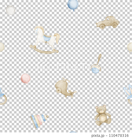Baby Toys watercolor seamless Pattern. Background for Baby textile design or childish wrapping paper. Kid ornament with rocking horse, teddy bear and balloons. Hand drawn illustration. 110478316
