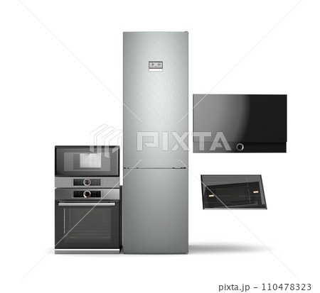 Modern built in kitchen appliances set front view 3d render on white 110478323