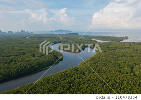 Aerial top view of Heart island in Trang province, Thailand. Forest trees in nature landscape background. Aerial top view of Heart island in Trang province, Thailand. Forest trees in nature landscape background. 110478354