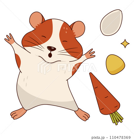 Cute orange and white hamster stretches and yawns, carrots, corn kernels, pumpkin seeds. Isolated on a white background. Vector flat illustration. 110478369