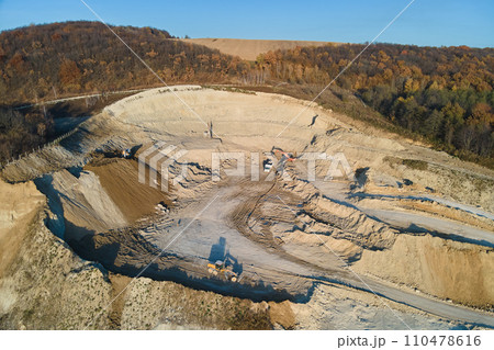 Aerial view of open pit mining site of limestone materials for construction industry with excavators and dump trucks 110478616