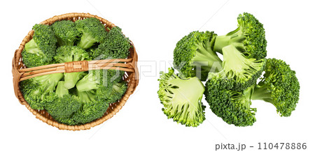 fresh broccoli in wicker basket isolated on white background close-up with full depth of field. Top view. Flat lay fresh broccoli in wicker basket isolated on white background close-up with full depth of field. Top view. Flat lay 110478886