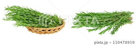 Rosemary twig and leaves in a wicker basket isolated on white background 110478919