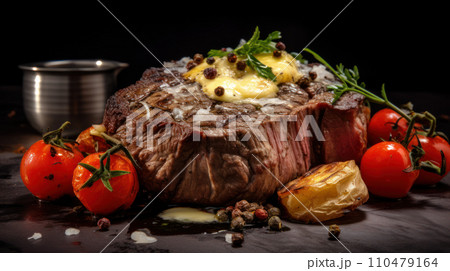 juicy steak topped with melted butter 110479164