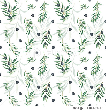 Watercolor seamless pattern with branches of black olives on a white background. Can be used for textile, wallpaper prints, kitchen, food and cosmetic design. 110479216
