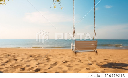 AI-generated content. Empty swing on tropical beach with blue sky and copy space 110479218