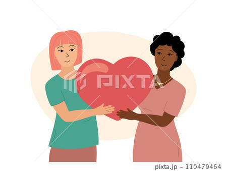 Lesbian couple in love. Female LGBT family. Smiling women holding huge heart together. Two girlfriends flat vector. Valentines day celebration romantic illustration 110479464