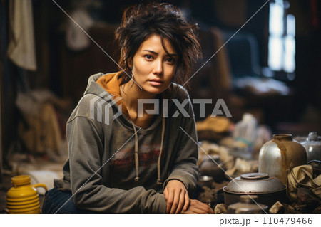 Depressed exhausted woman in messy kitchen 110479466