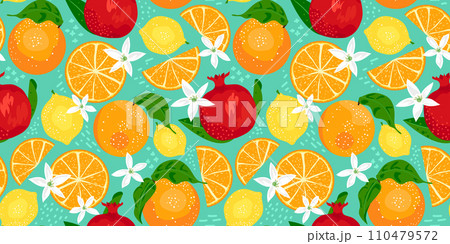 Tropical seamless pattern with colorful design of orange, pomegranate, lemon fruits, leaves and flowers on blue background. Summertime fabric print design Tropical seamless pattern with colorful design of orange, pomegranate, lemon fruits, leaves and flowers on blue background. Summertime fabric print design 110479572
