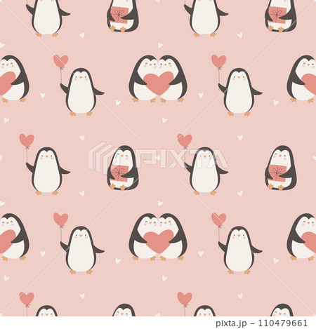 Valentine s day seamless pattern with cute penguins, gift and heart shaped balloon. Valentine s day seamless pattern with cute penguins, gift and heart shaped balloon. 110479661