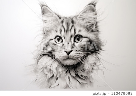 Pencil drawing cat on paper, photorealistic portrait of cute pet, illustration. Painted kitten face isolated on white background. Concept of design, animal, nature, art, sketch 110479695