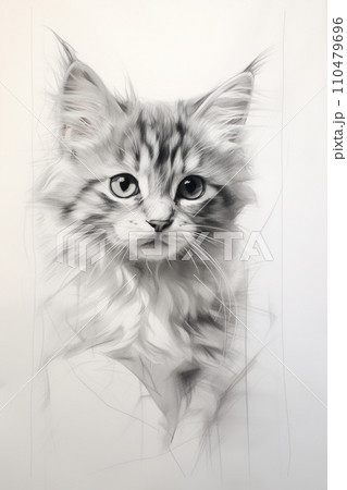 Pencil drawing kitten on paper, photorealistic portrait of cute pet, vertical illustration. Painted cat face on white background. Concept of design, animal, nature, art, sketch 110479696