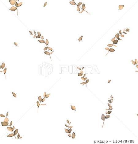 Seamless pattern with beige eucalyptus leaves. Botanical natural. Watercolor isolated illustration on white background. Floral Illustration for postcards, posters, textile design. hand drawn painting 110479789