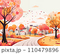 秋の紅葉風景とかわいいレトロな北欧の街並みイラスト素材 110479896