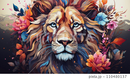 Illustration of lion head with creative colorful floral and splash elements on white background 110480137