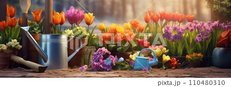 Beautiful colorful variety of spring and summer flowers in pots and a watering can on the patio, banner 110480310