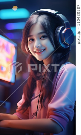 Smiling Asian girl with headphones and microphone in a call center 110480387