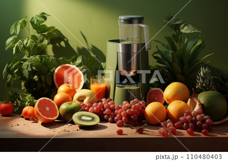 Mixer blender with fresh fruit on the table, making juice and smoothies from seasonal fresh fruit, healthy drink and lifestyle 110480403