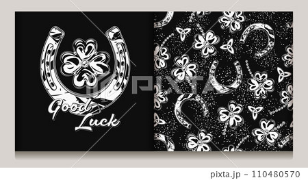 St Patricks day label, seamless pattern with trefoil, lucky shamrock, Triskele Celtic knot, horseshoe amulet, text Good Luck. Vintage black and white festive illustrations on dark background St Patricks day label, seamless pattern with trefoil, lucky shamrock, Triskele Celtic knot, horseshoe amulet, text Good Luck. Vintage black and white festive illustrations on dark background 110480570