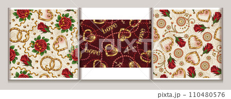 Valentines day seamless patterns with romantic symbols, roses, hearts, gemstones, bead strings. For wedding, engagement event, Valentines Day, gift decoration. Vintage style. Valentines day seamless patterns with romantic symbols, roses, hearts, gemstones, bead strings. For wedding, engagement event, Valentines Day, gift decoration. Vintage style. 110480576
