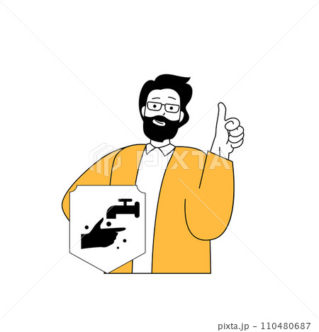 Coronavirus concept with cartoon people in flat design for web. Man takes precautions, washes hands for protecting from virus disease. Vector illustration for social media banner, marketing material. Coronavirus concept with cartoon people in flat design for web. Man takes precautions, washes hands for protecting from virus disease. Vector illustration for social media banner, marketing material. 110480687