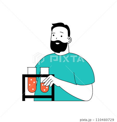 Coronavirus concept with cartoon people in flat design for web. Man reaching virus in test tubes and making vaccine development. Vector illustration for social media banner, marketing material. 110480729
