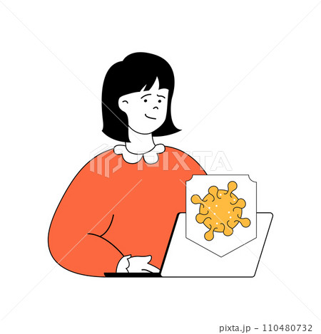 Coronavirus concept with cartoon people in flat design for web. Woman protecting health from virus ill, staying home and work online. Vector illustration for social media banner, marketing material. 110480732