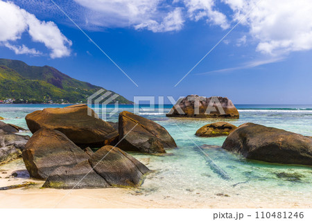 Beau Vallon Beach landscape on a sunny day, Seychelles. Coastal view Beau Vallon Beach landscape on a sunny day, Seychelles. Coastal view 110481246