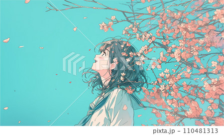 桜と空を見上げて笑うセーラー服の女の子　AI生成画像 110481313