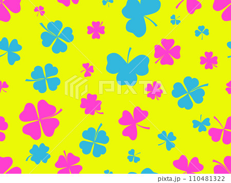 Seamless pattern with clovers for St. Patrick's Day. Multi-colored four-leaf and three-leaf clover leaves. Background for printing on paper, advertising materials and fabric. Vector illustration 110481322