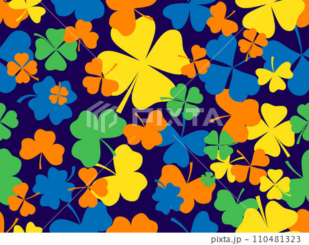 Seamless pattern with clovers for St. Patrick's Day. Multi-colored four-leaf and three-leaf clover leaves. Background for printing on paper, advertising materials and fabric. Vector illustration 110481323