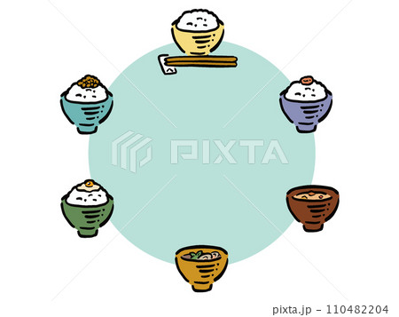 シンプル手描き風ご飯茶碗とごはんの円形フレームイラスト 110482204