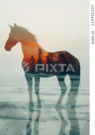【AI生成画像・AIイラスト】景色を透過する海辺の馬、現代アート 110482207