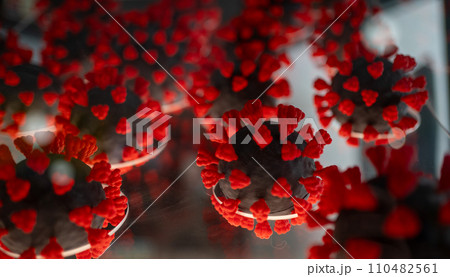 Close-up model of plastic red COVID-19 virus cell Close-up model of plastic red COVID-19 virus cell 110482561