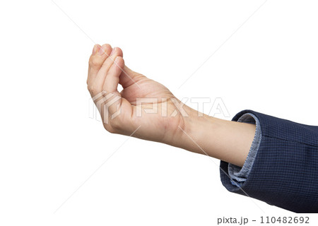 Male hand with a gesture asking for cash isolated on white background. 110482692