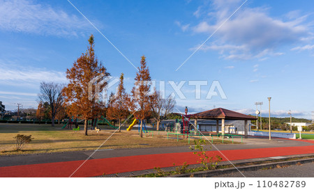 秋晴れ夕日光芒を浴びている公園風景 (益城町総合運動公園) 秋晴れ夕日光芒を浴びている公園風景 (益城町総合運動公園) 110482789