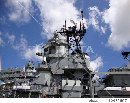 USS Missouri radar and satellite towers at midship 110483607