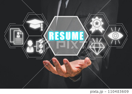 Resume concept, Businessman hand holding resume icon on virtual screen, HR, job offer and recruit applicants. 110483609