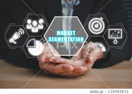Market segmentation concept, Businesswoman hand holding market segmentation icon on virtual screen. 110483611