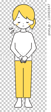 黄色｜お辞儀をして謝罪する女性｜私服 110483847