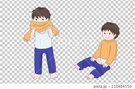 一個男孩試圖自己換衣服的插圖 一個男孩試圖自己換衣服的插圖 110484550